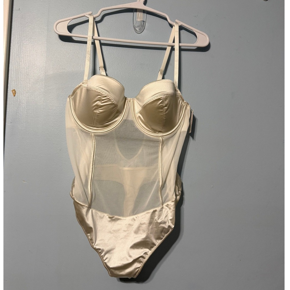 Auden Cream Size M Satin and Mesh Underwire Bodysuit Lingerie 2569